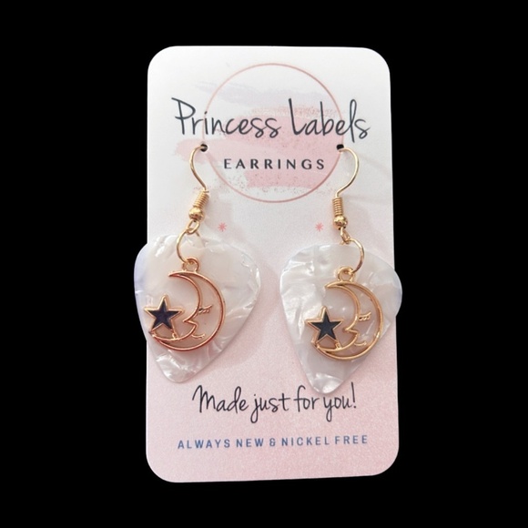 Hand Crafted Earrings Repurposed Guitar Picks Man in the Moon Starry Night NIP - Picture 7 of 9